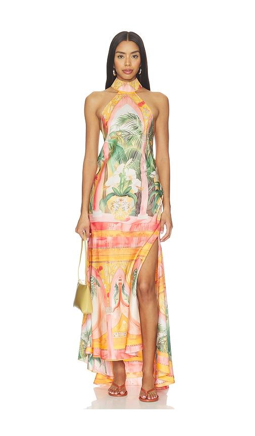 falguni shane peacock sunset haven open back low halter dress in pink,orange.