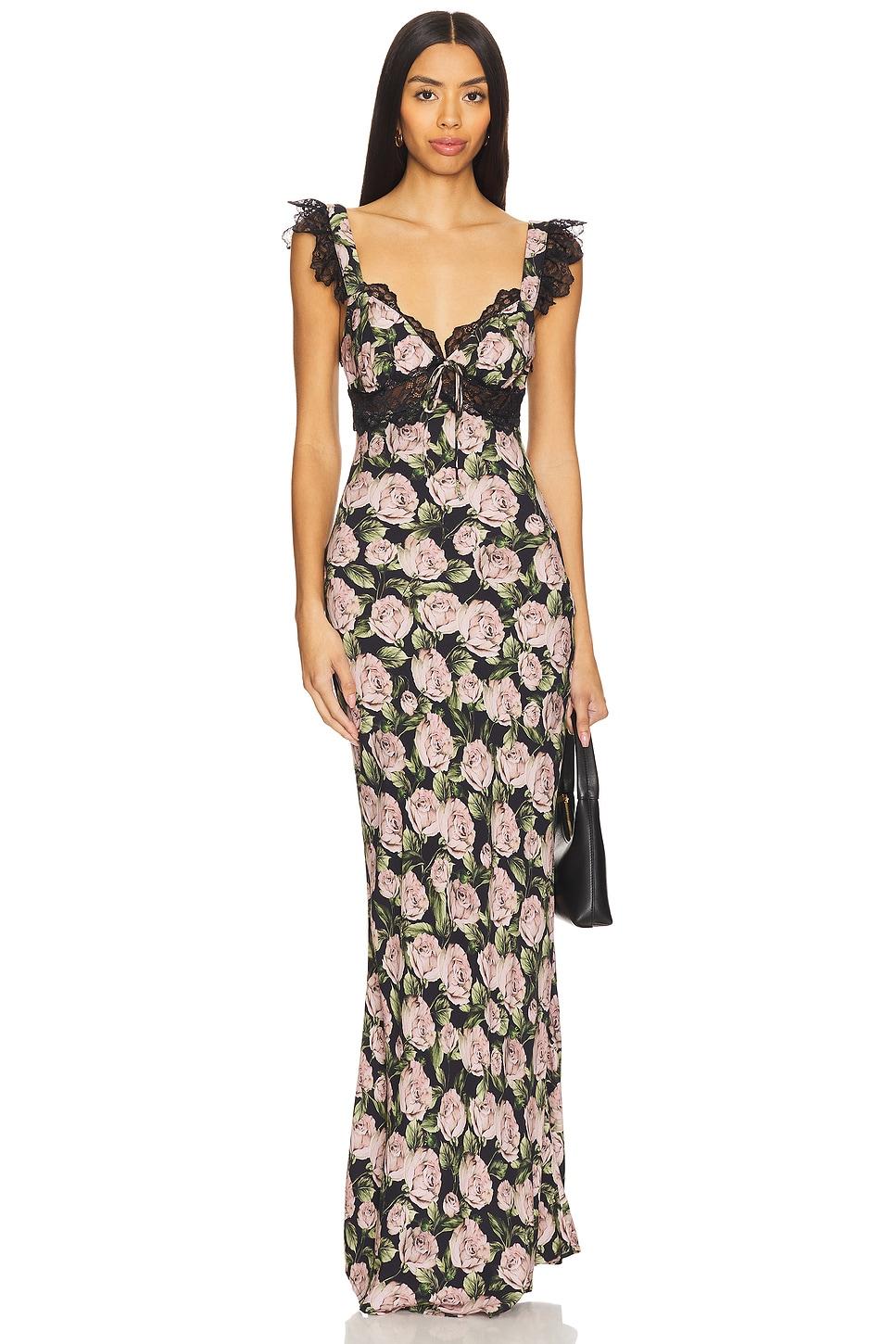 fallen rose print maxi dress