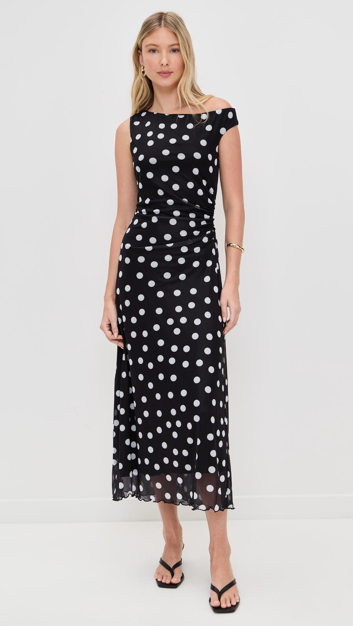 fallen shoulder polka-dot maxi dress