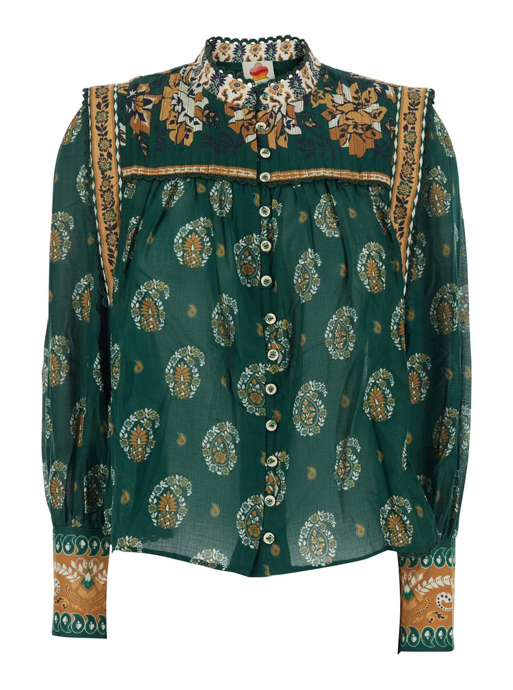 farm rio ayla green blouse with button cuffs and all-over floral motif in cotton for women