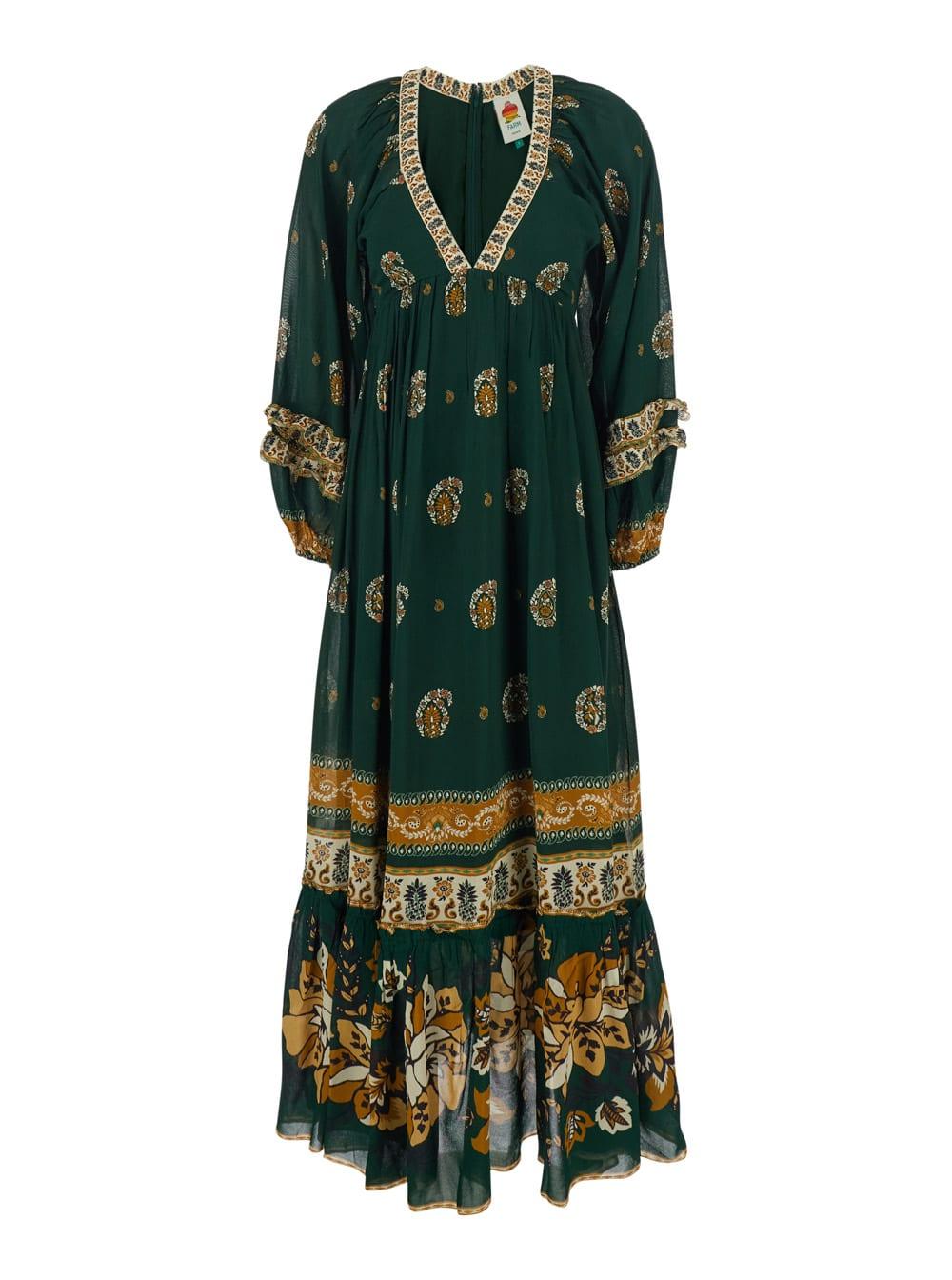 farm rio ayla green long dress with all-over floral motif in viscose for women