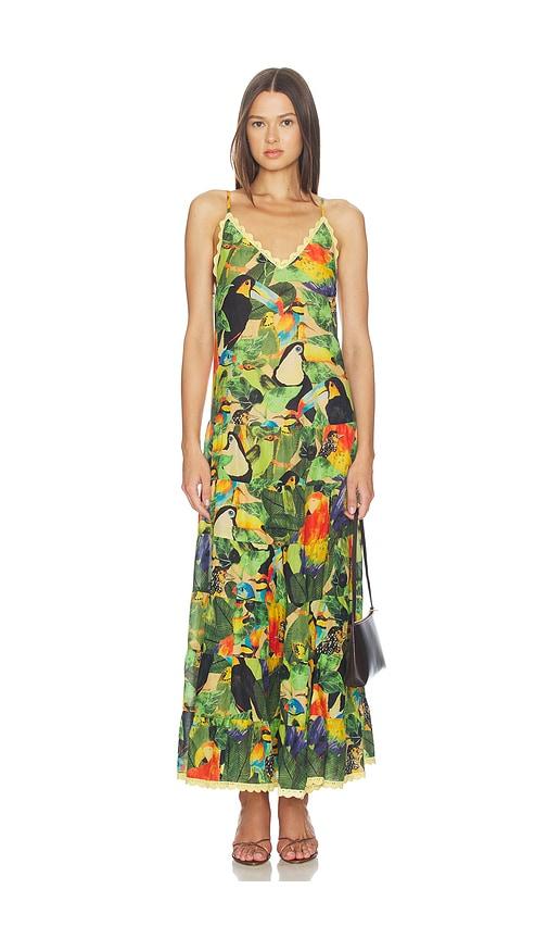 farm rio bird leaves long dress in green.