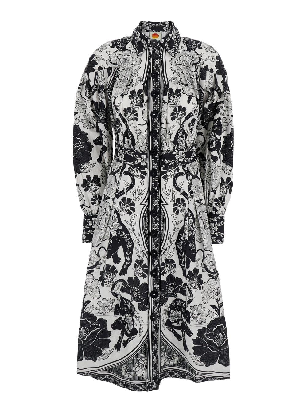 farm rio black and white long dress with high neck and all-over floral print in cotton woman