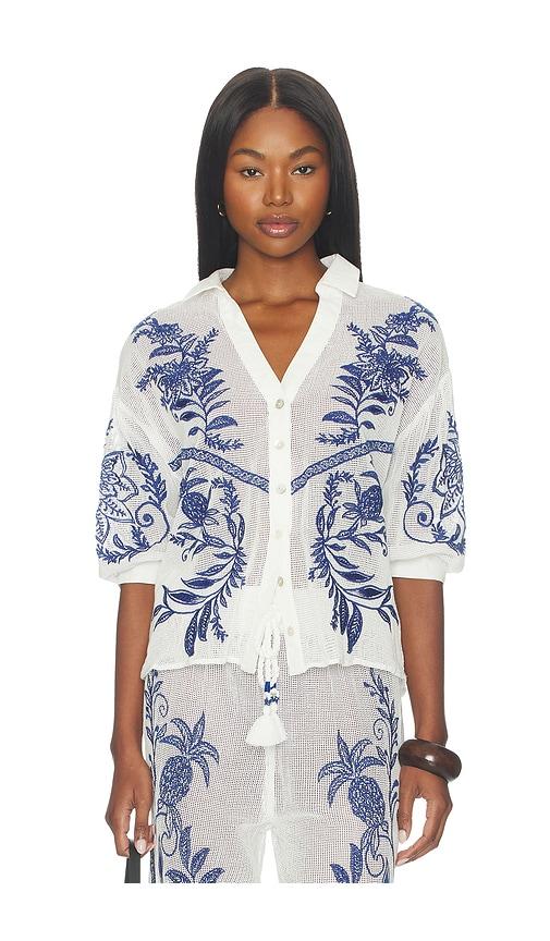 farm rio blouse top in white,blue.