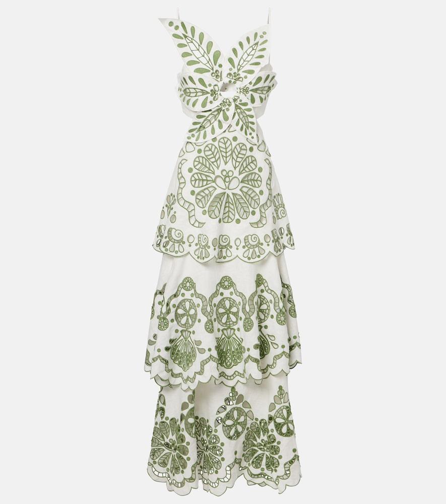 farm rio broderie anglaise tiered linen maxi dress