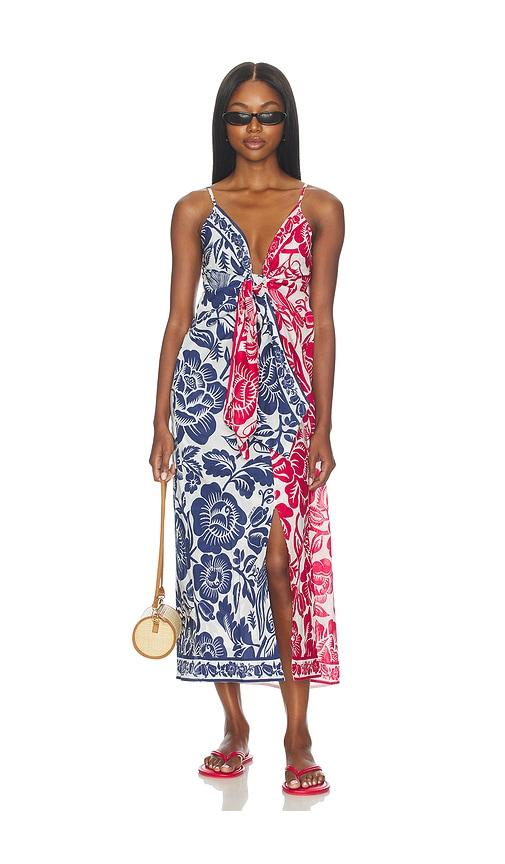 farm rio cashew and birds long dress in blue,red.