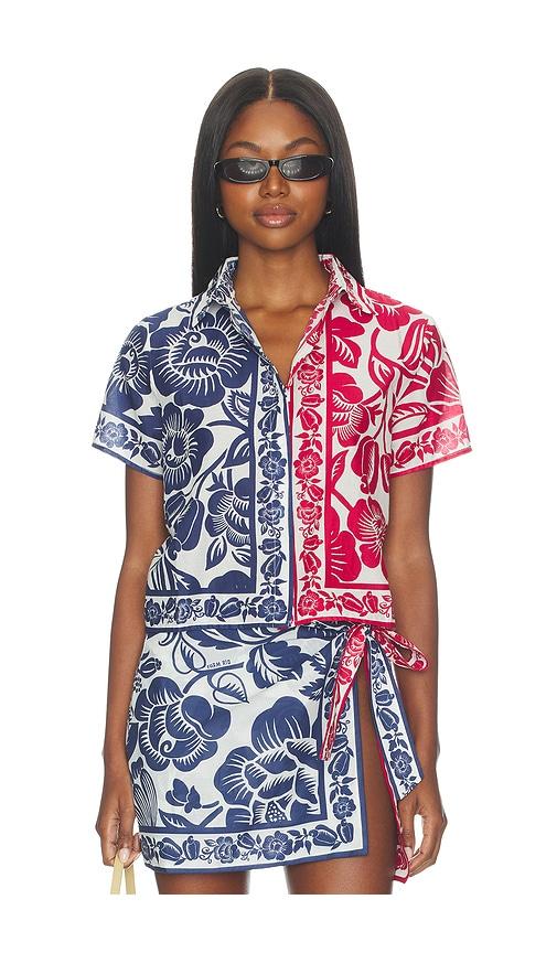 farm rio cashew and birds shirt in blue,red.