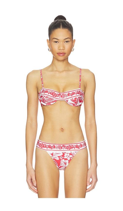 farm rio cashew and birds underwire bikini top in red.