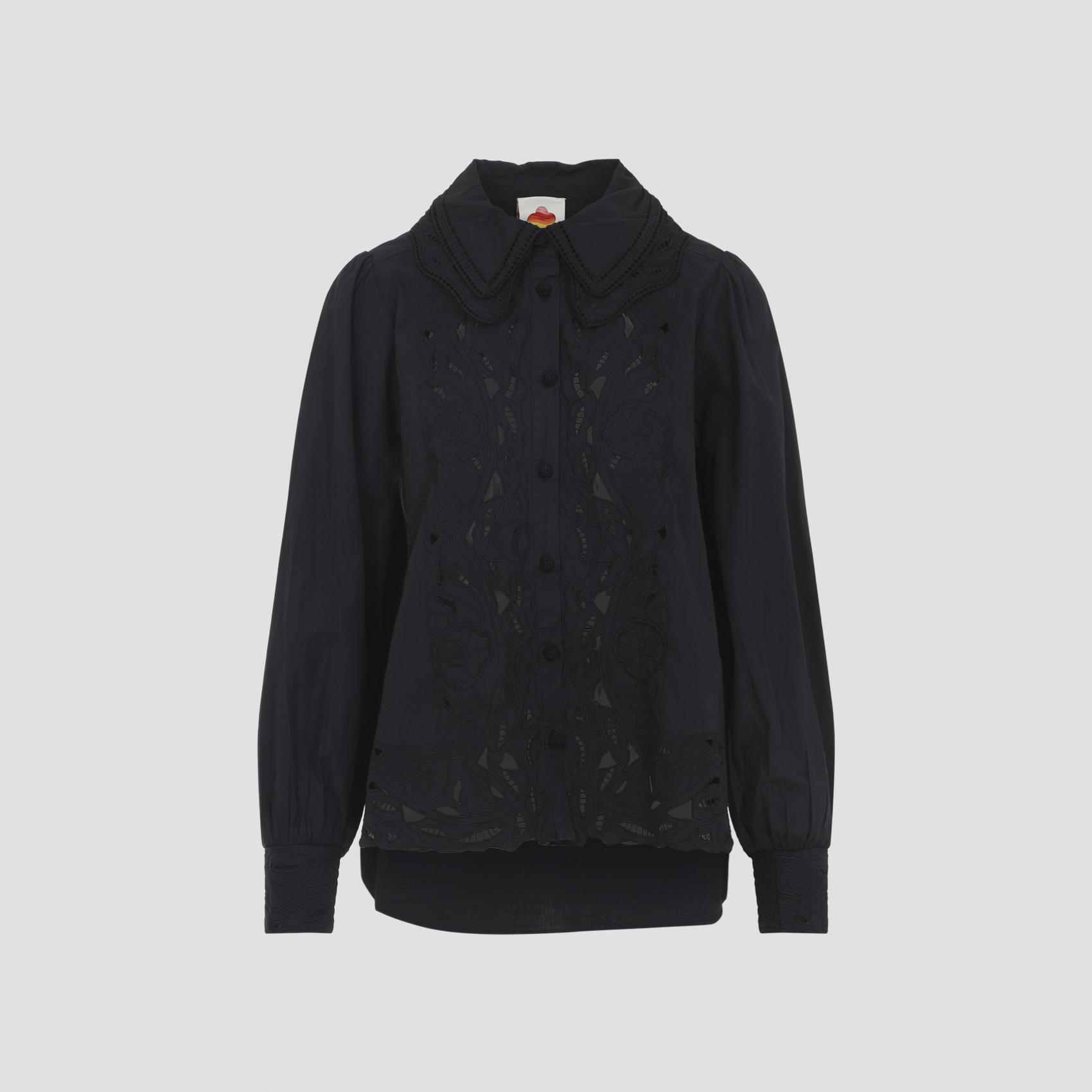 farm rio ebroidered long sleeve shirt black cotton - women