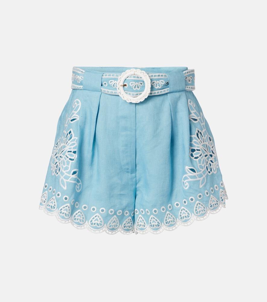 farm rio embroidered belted linen shorts