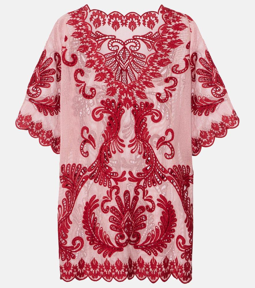 farm rio embroidered cotton mesh minidress