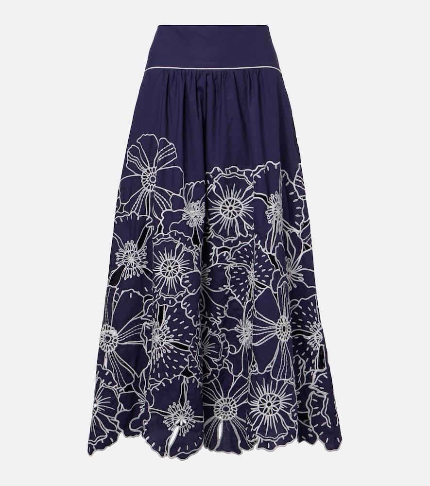farm rio embroidered floral cotton midi skirt