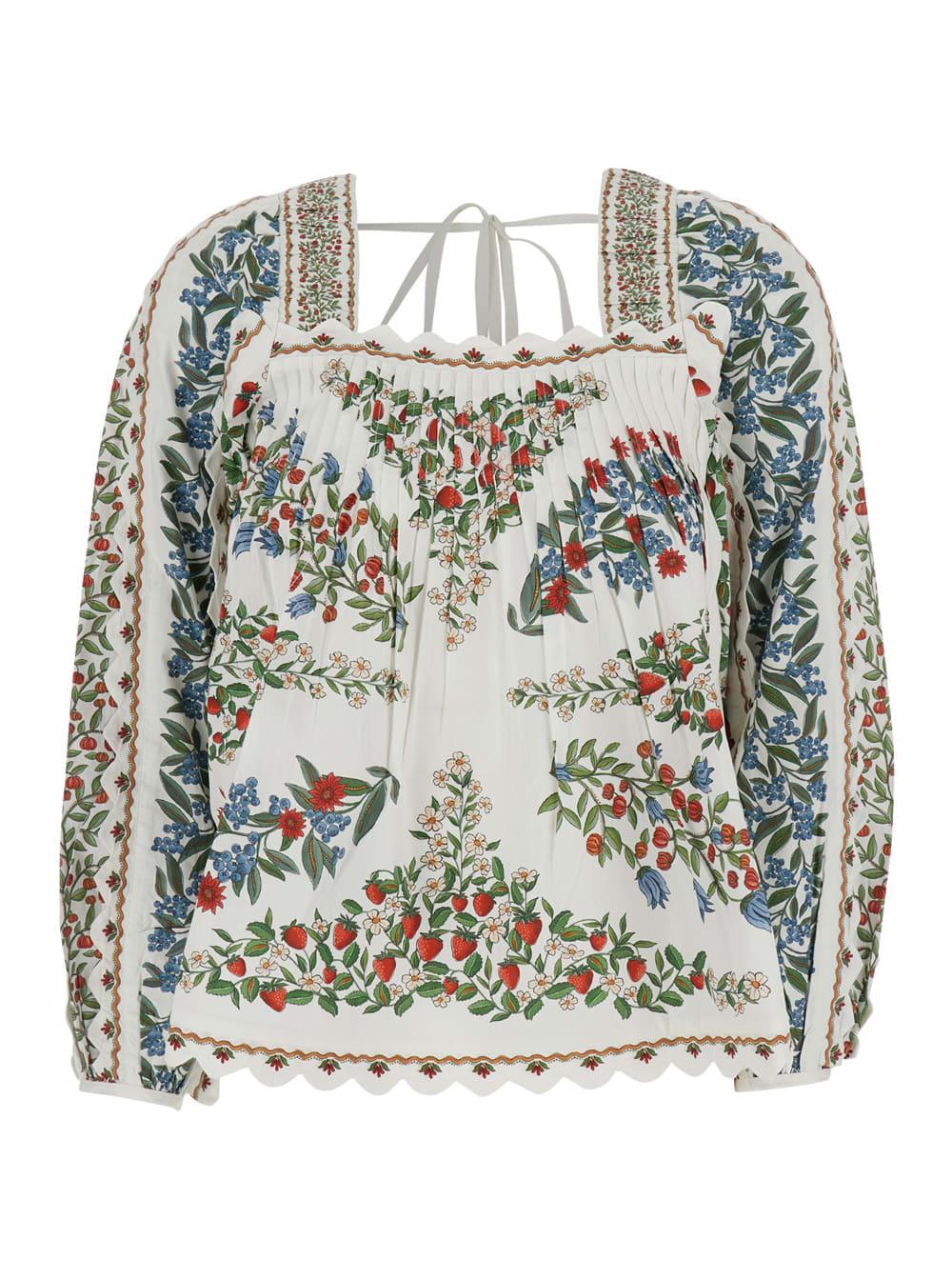 farm rio fruit beauty white blouse with long balloon sleeves and all-over floral print in fabric for women