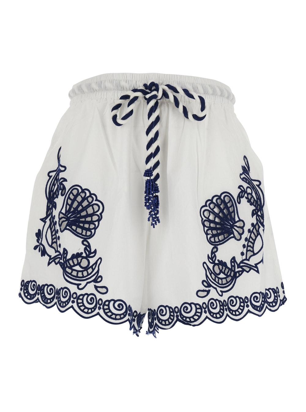 farm rio garden tiles white shorts with drawstring waist and all-over embroidery in cotton woman