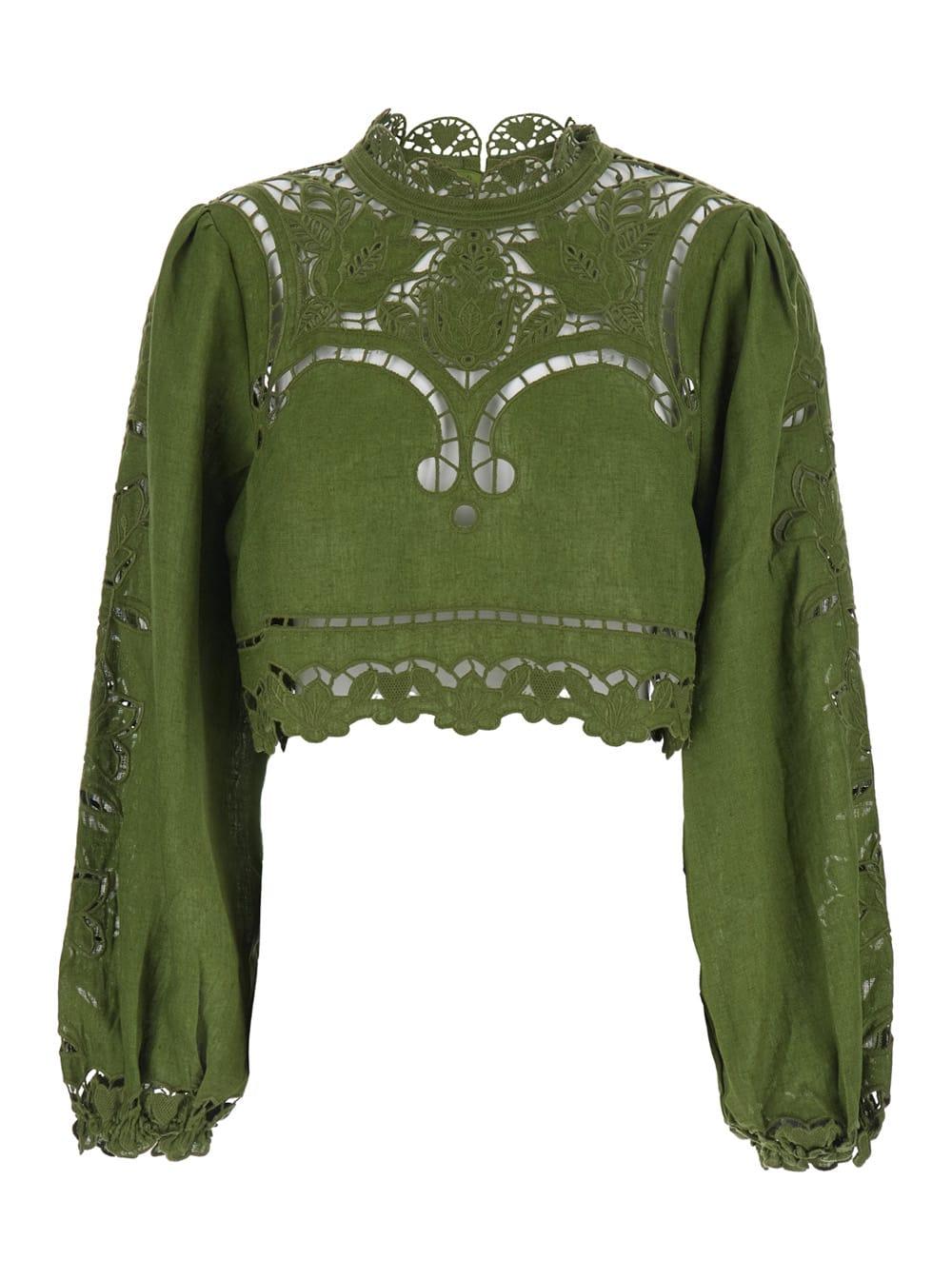 farm rio majestic garden green crew neck cropped blouse with floral cut-out and all-over embroidery in linen for women