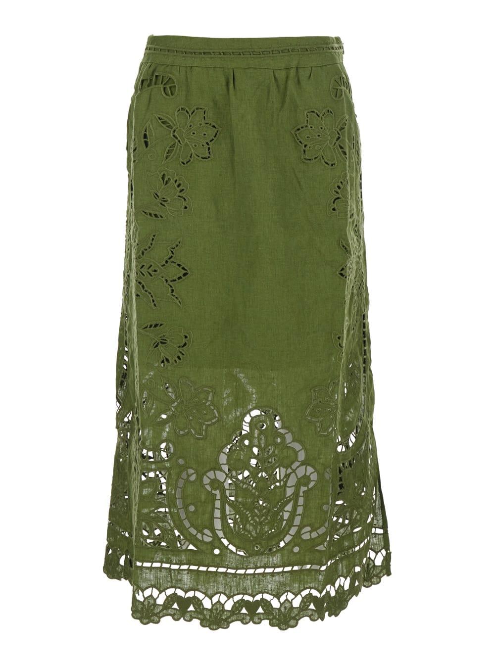 farm rio majestic garden green skirt with floral cut-out and all-over embroidery in linen for women