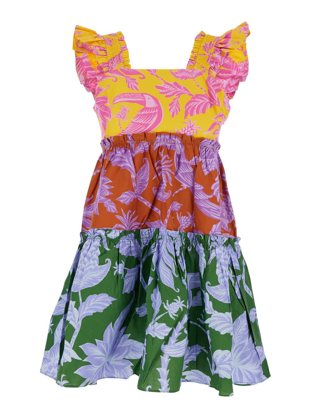 farm rio multicolor dress with all-over floral motif and ruffled skirt in cotton woman