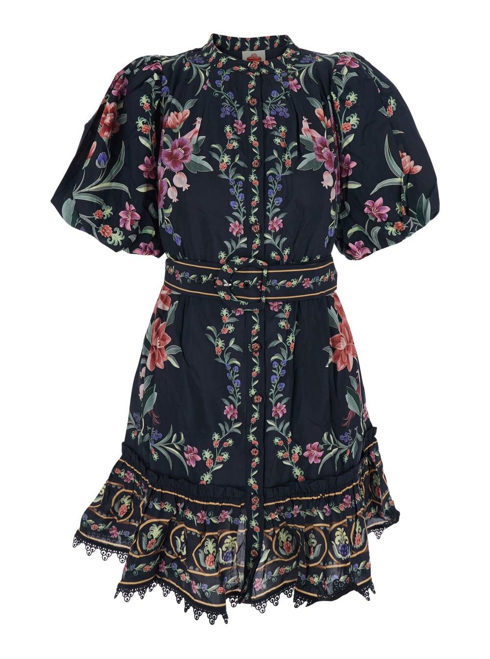 farm rio multicolor dress with all-over floral pattern and ruffled skirt in fabric woman