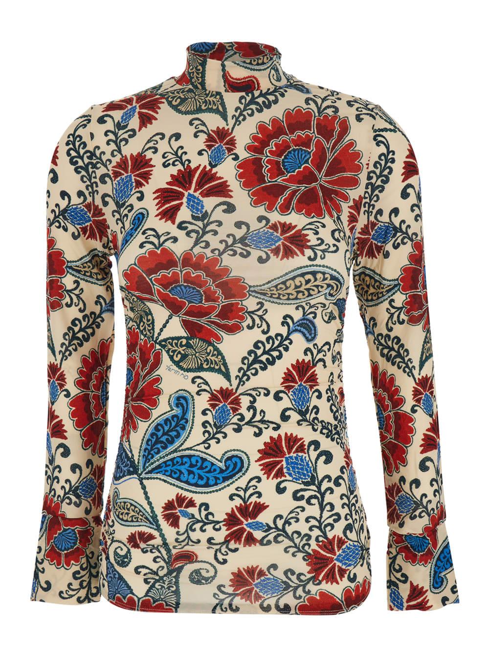 farm rio multicolor high neck blouse with floral decorations in fabric woman