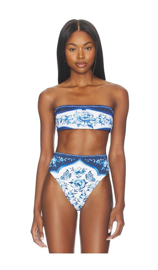 farm rio porcelain garden bandeau bikini top in blue,white.