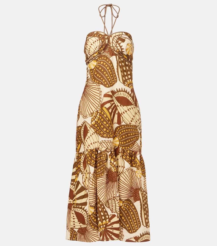 farm rio shell mix printed linen midi dress