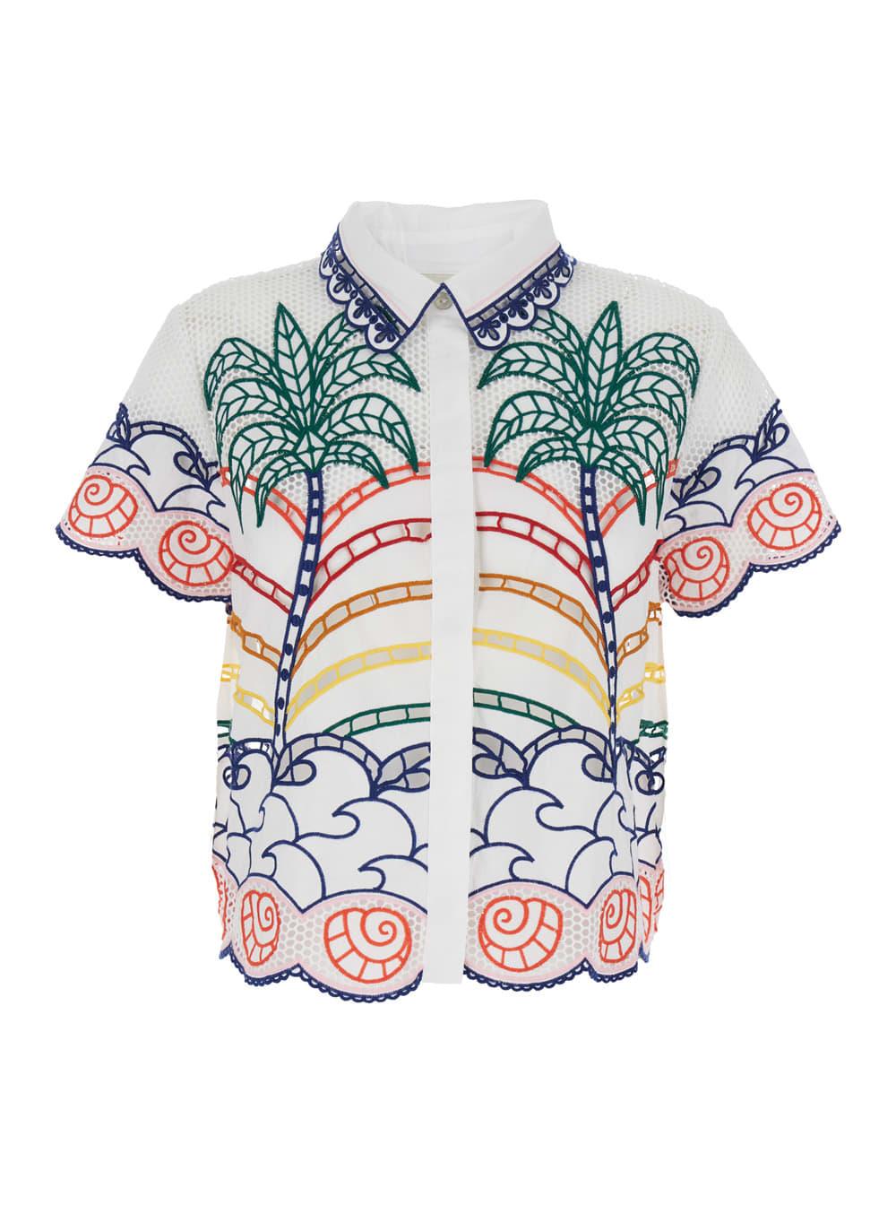 farm rio white shirt with classic collar and all-over tropical embroidery for women