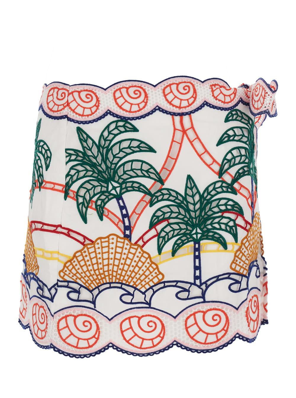 farm rio white skirt with knot and tropical embroidery in cotton for women