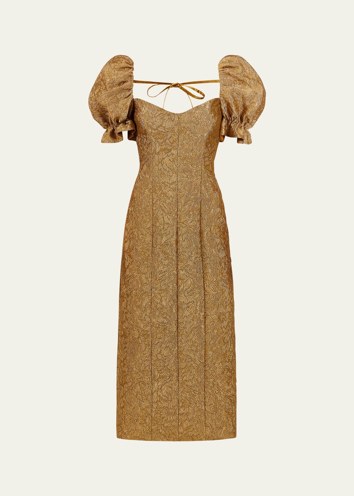 farrah brocade puff-sleeve column midi dress
