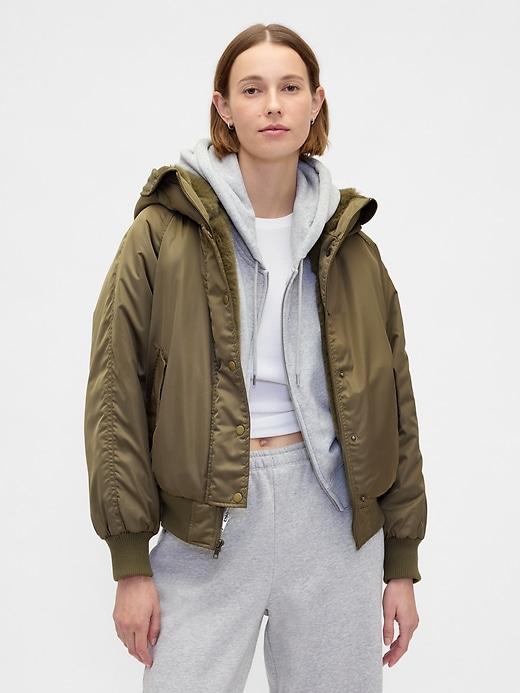 faux fur-lined hooded utility jacket