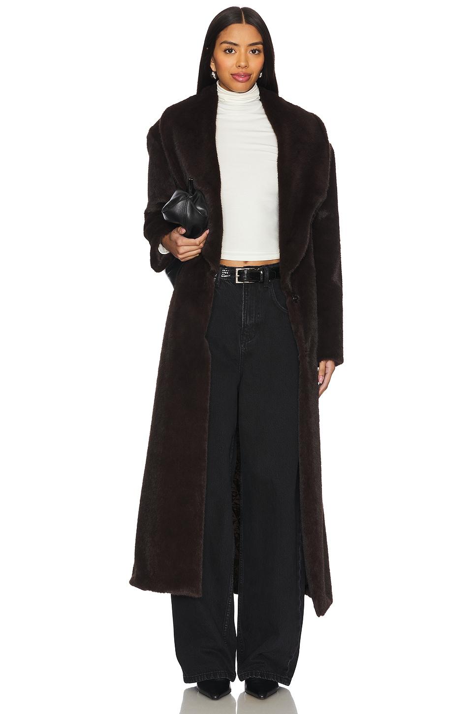 faux fur long line belted coat