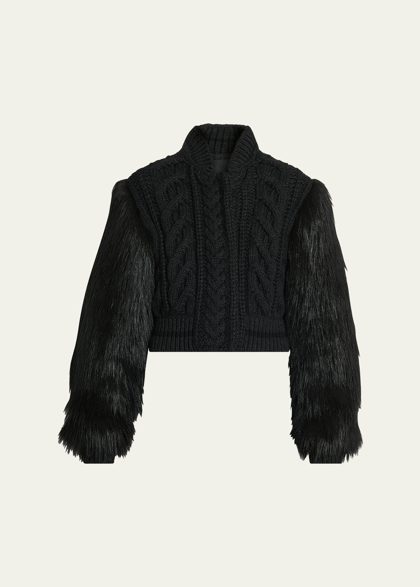 faux fur sleeve cable wool varsity jacket