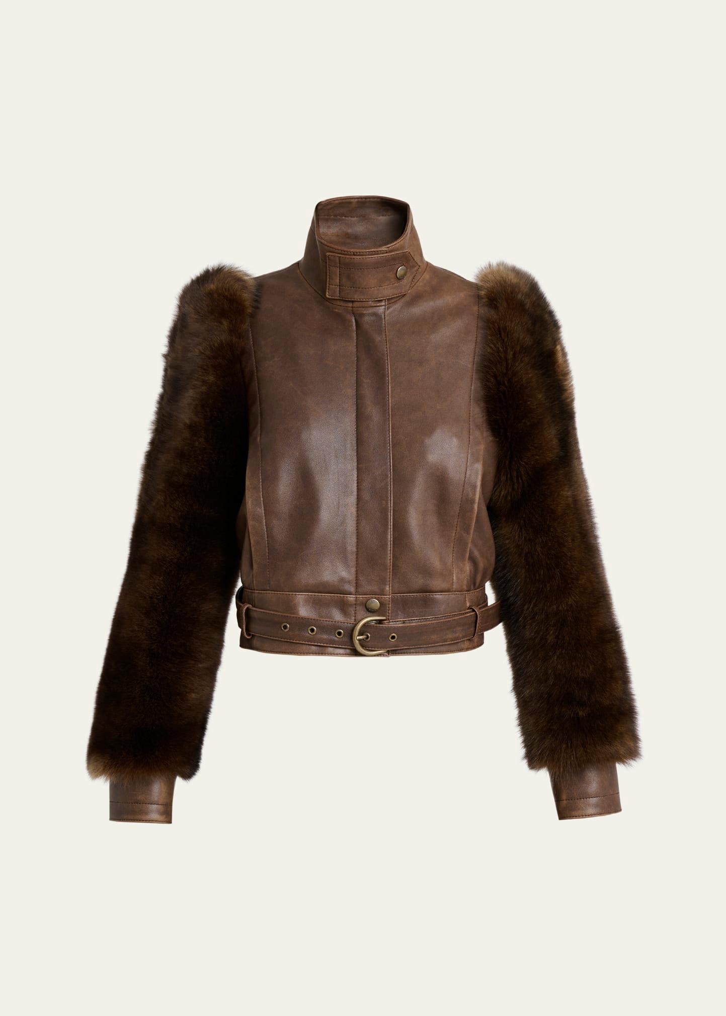 faux fur sleeves leather bomber jacket