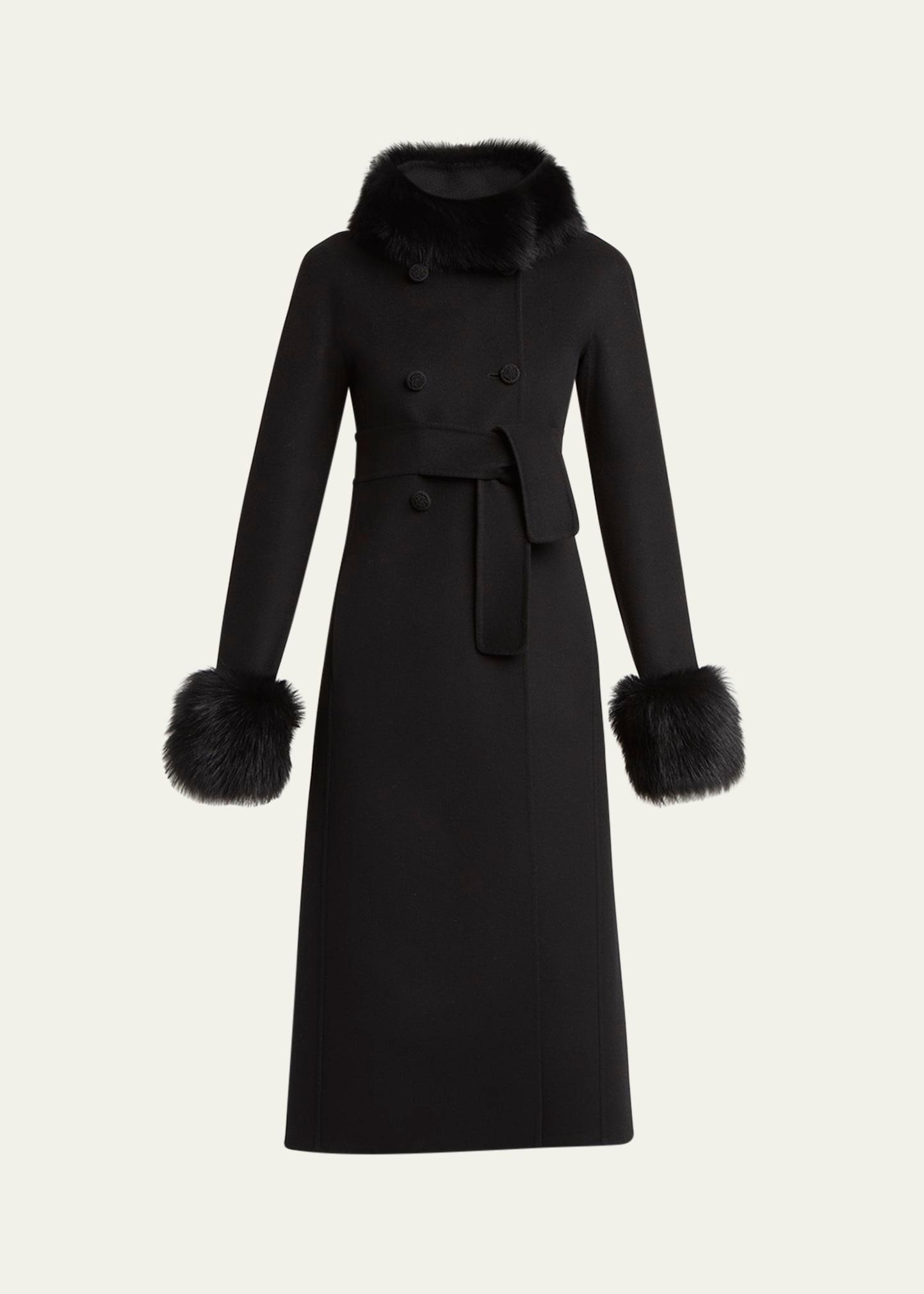 faux fur trim belted wool-cashmere coat
