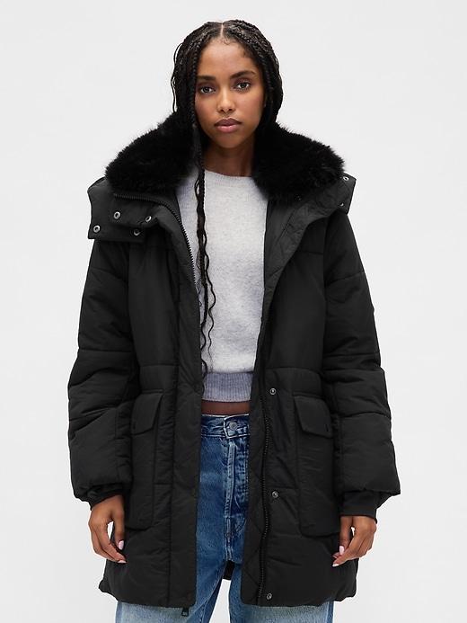 faux fur-trim midi puffer jacket