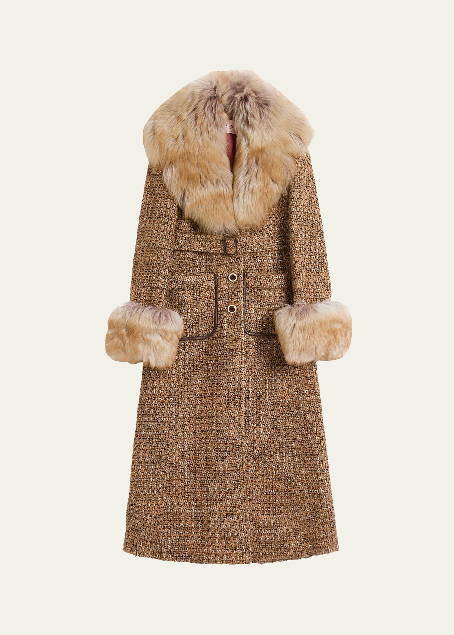 faux fur trimmed tweed belted coat
