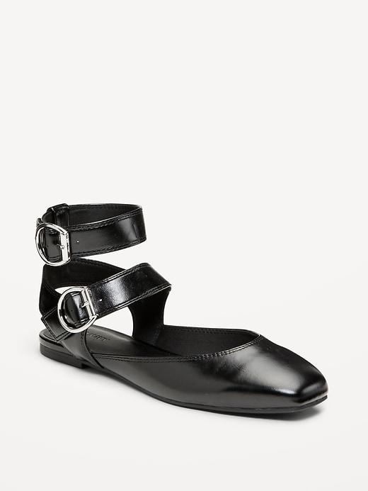 faux-leather double ankle-strap flats for women