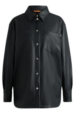 faux-leather overshirt with patch pockets- black women's tailored jackets
