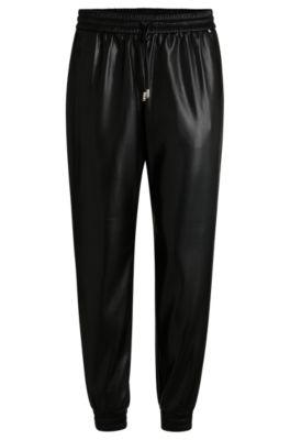 faux-leather trousers with drawcord waist- black women's formal pants