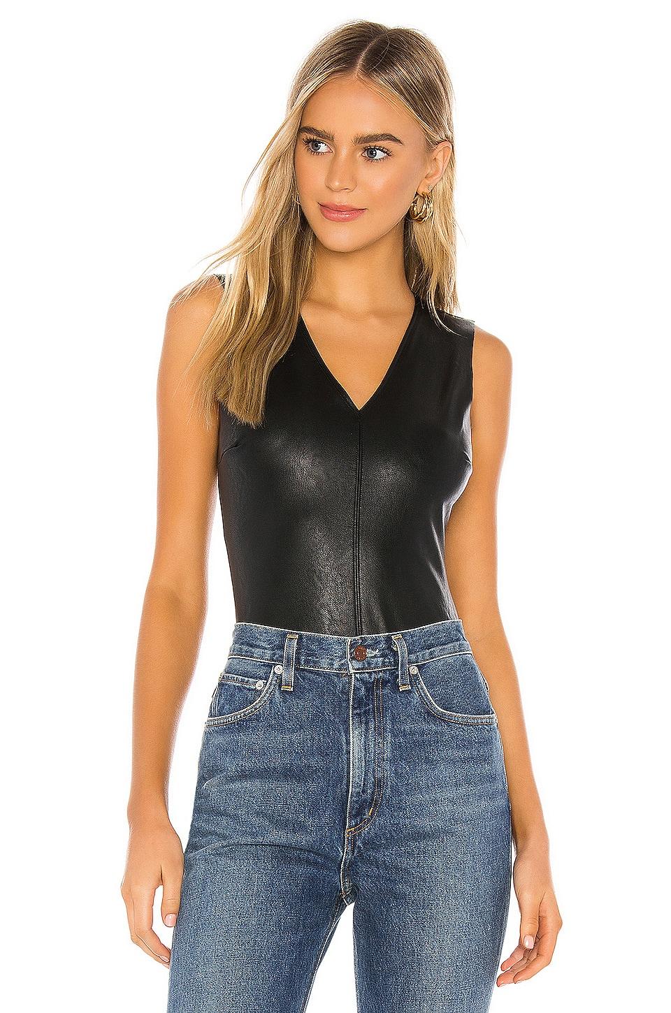faux leather v neck bodysuit