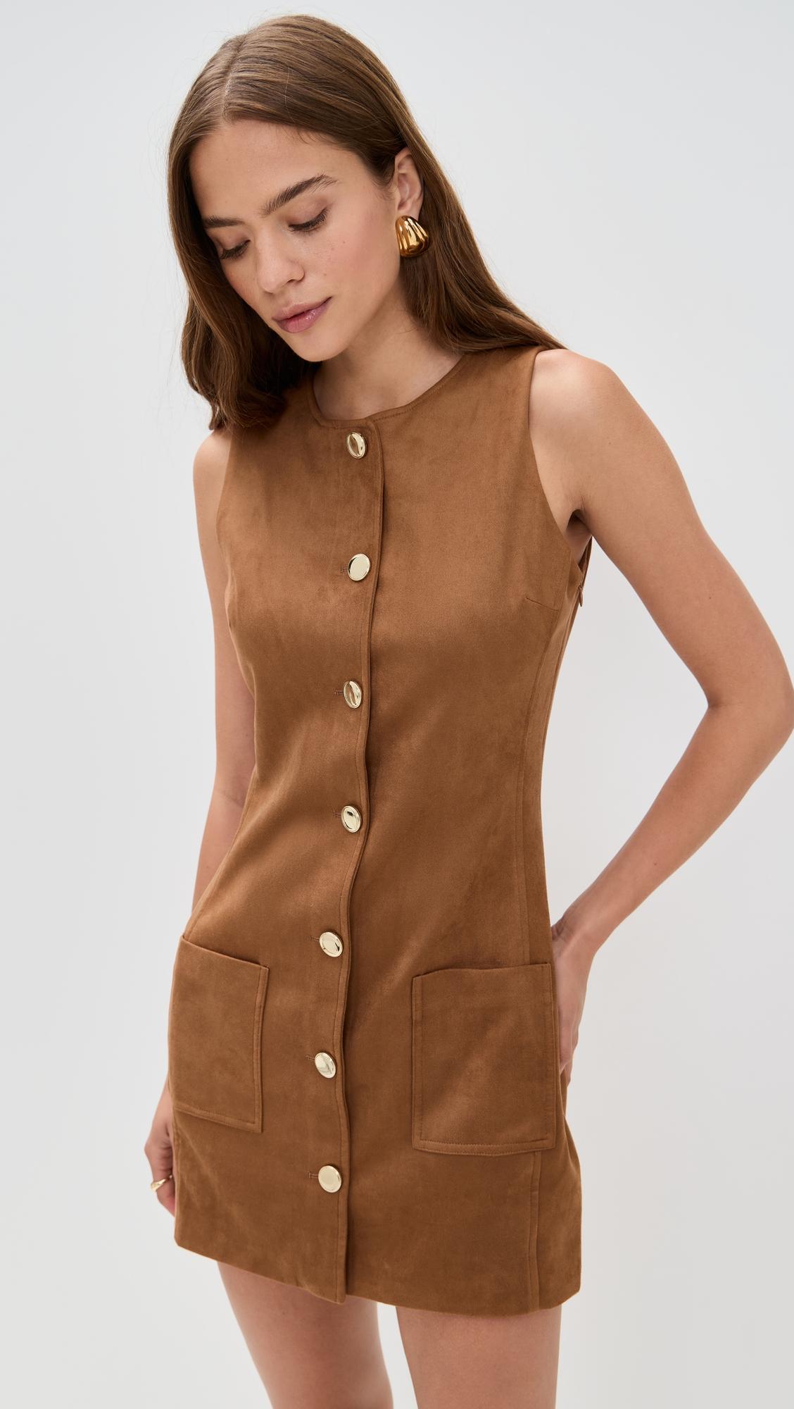 faux suede round neck buttoned mini dress