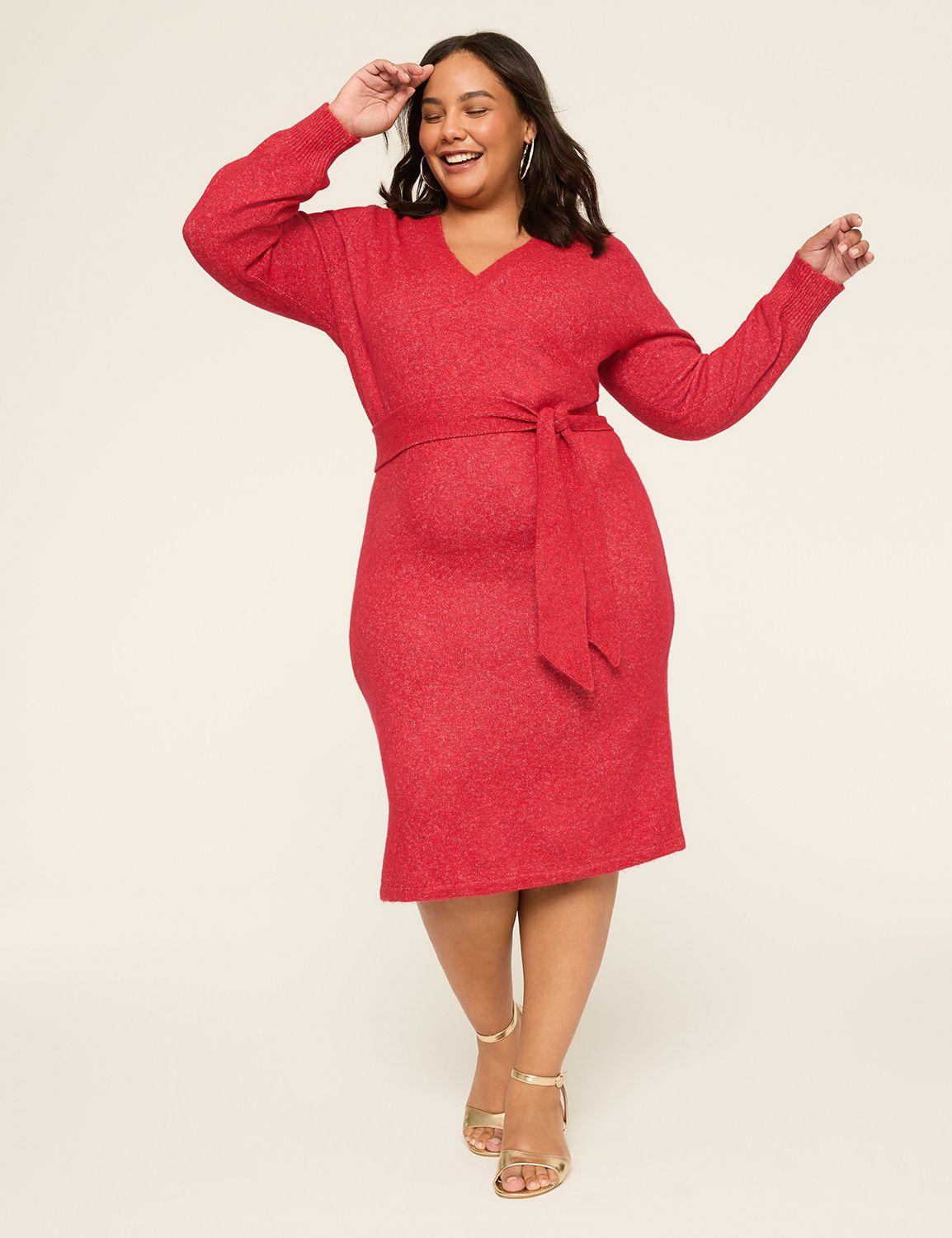 faux-wrap long-sleeve midi sweater dress