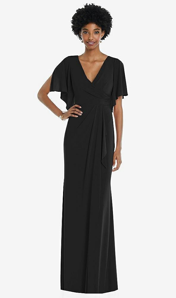 faux wrap split sleeve maxi dress with cascade skirt