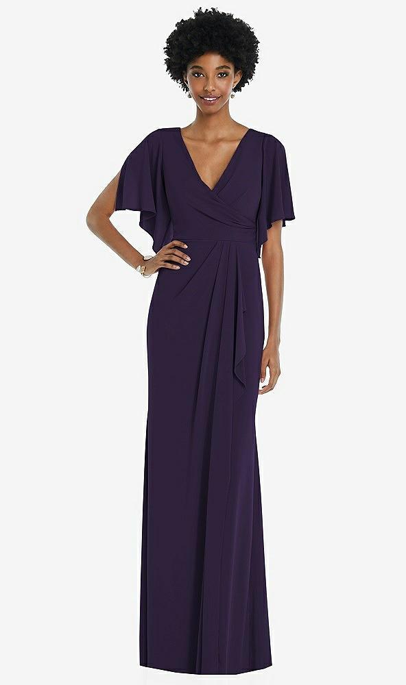 faux wrap split sleeve maxi dress with cascade skirt