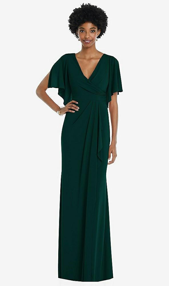 faux wrap split sleeve maxi dress with cascade skirt