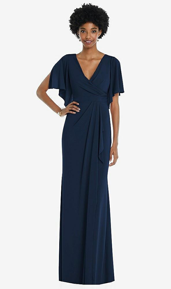 faux wrap split sleeve maxi dress with cascade skirt