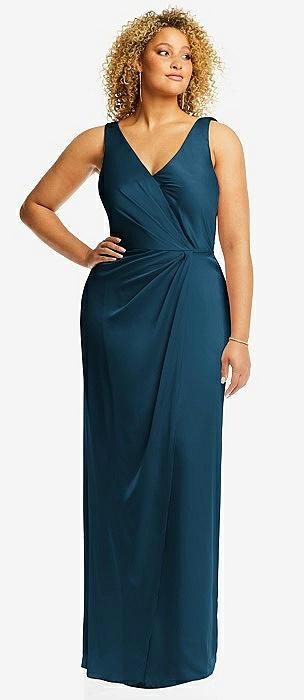 faux wrap whisper satin maxi dress with draped tulip skirt