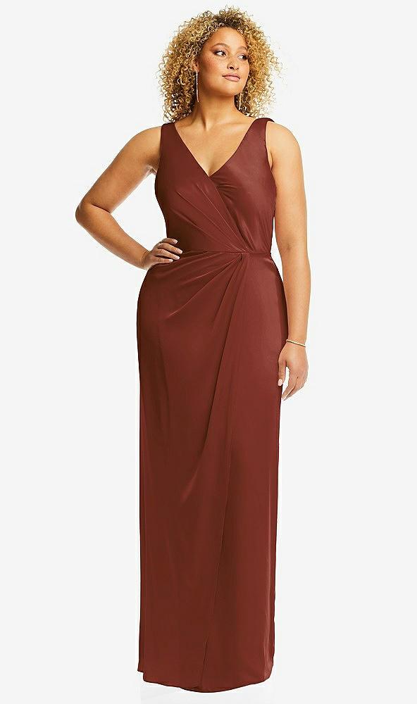 faux wrap whisper satin maxi dress with draped tulip skirt