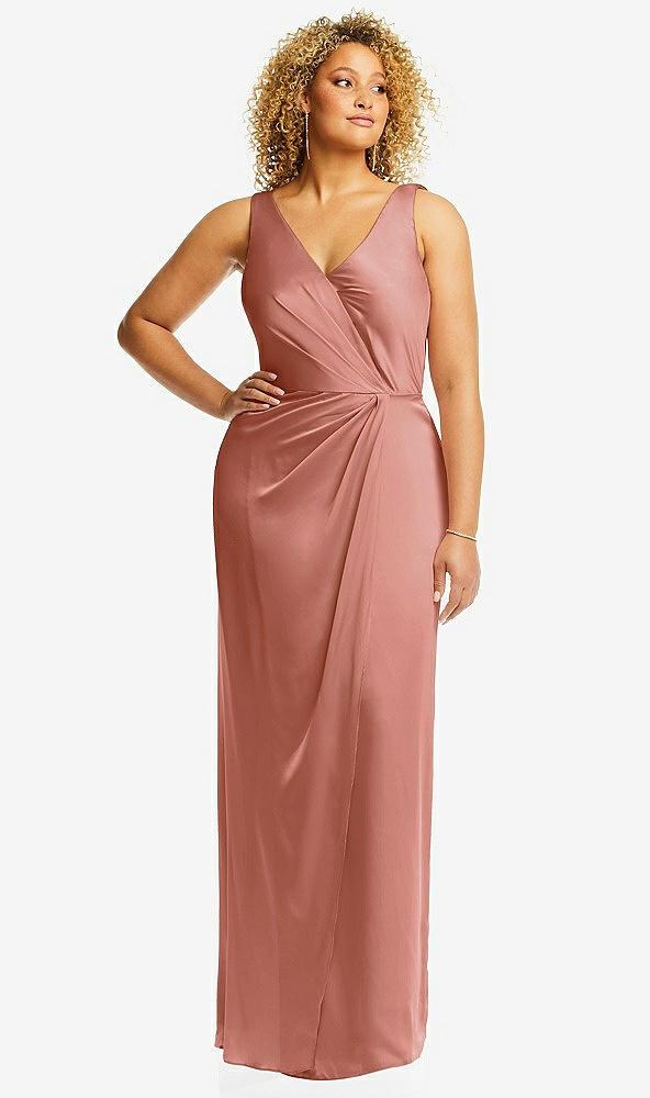 faux wrap whisper satin maxi dress with draped tulip skirt