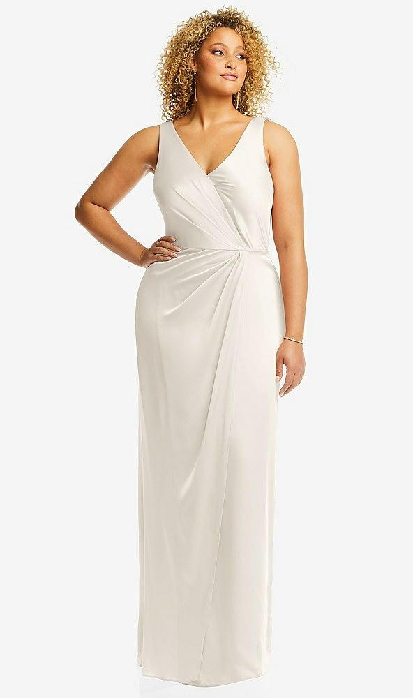 faux wrap whisper satin maxi dress with draped tulip skirt