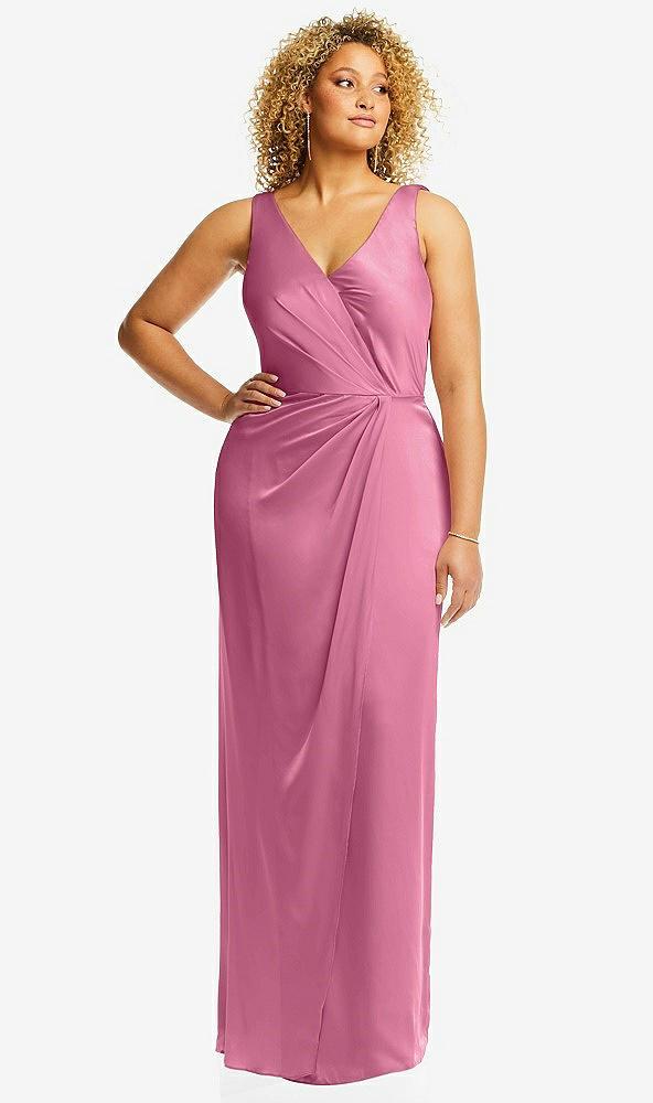 faux wrap whisper satin maxi dress with draped tulip skirt